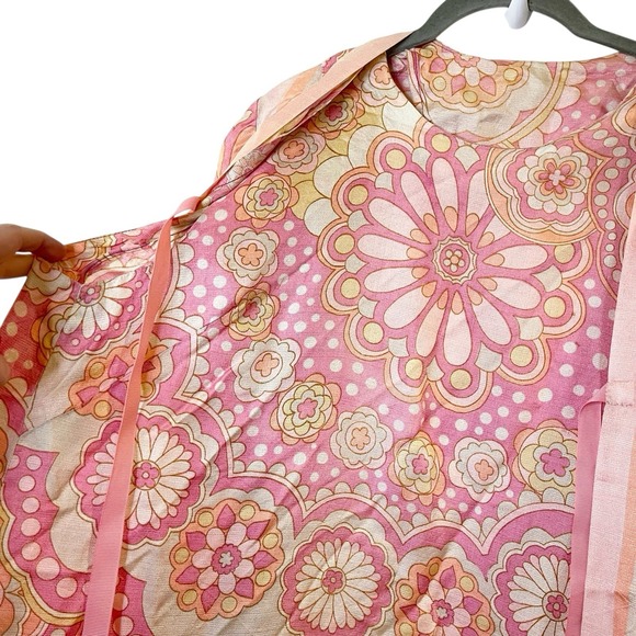Vintage 60s 70s Kimono House Robe Dress Pink Orange MCM Floral Festival S/M - Picture 4 of 6